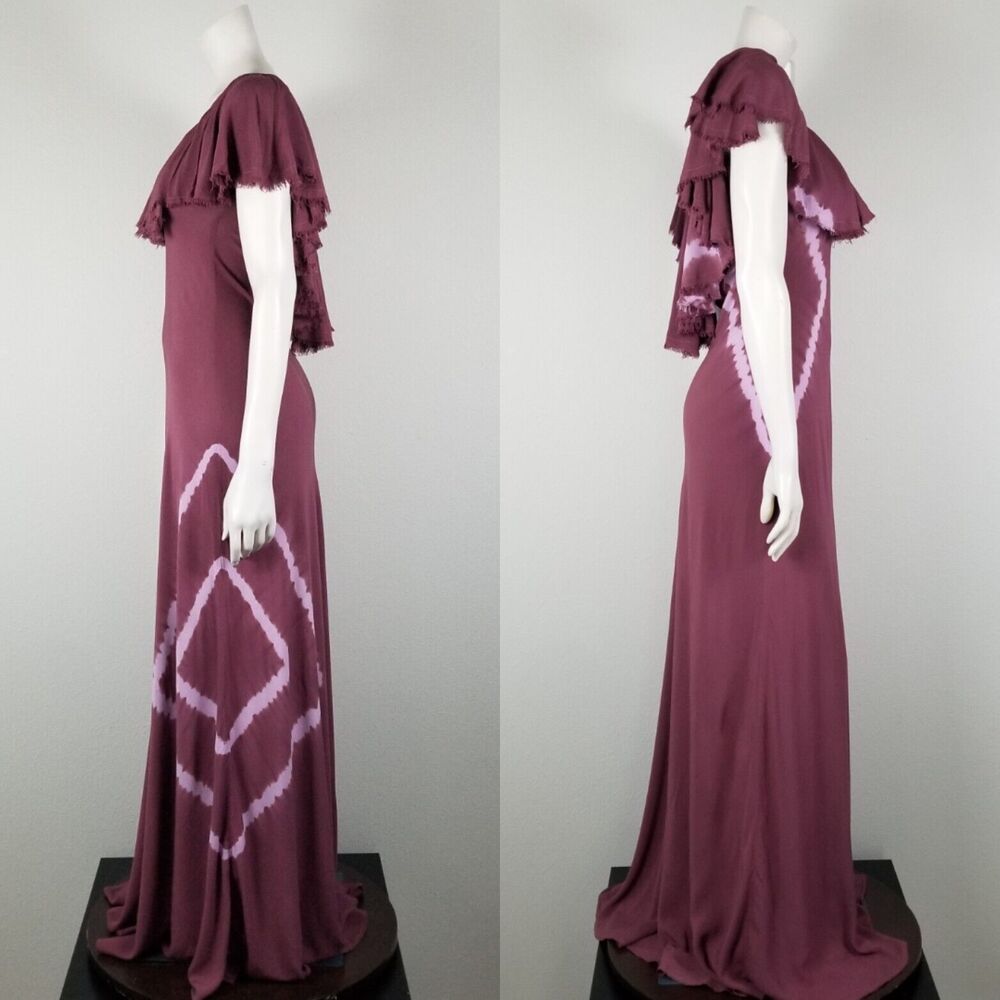 Revolve Blue Life Maroon Tie-Dyed Distressed Ruffle Rayon Maxi Dress Size Small - Picture 3 of 15